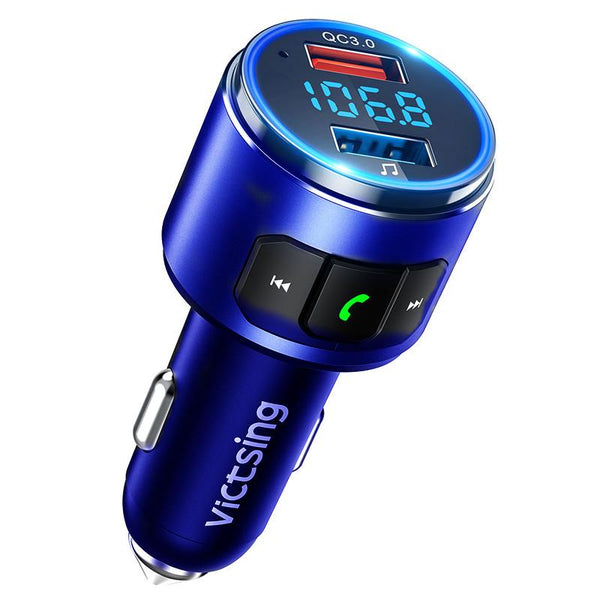 Transmisor FM Bluetooth 5.0 para Coche, [Luz LED Anillo] QC3.0 VicTsing Mini Transmisor Bluetooth Manos Libres con Siri Asistente, Reproductor MP3 Coche, azul