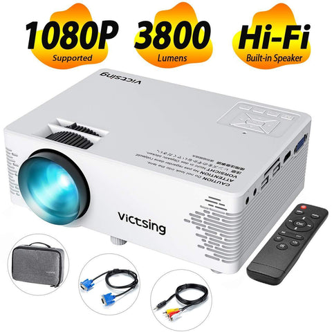 Victsing Videoprojecteur, Full HD 1080p Supporté, Projecteur Portable 3800 Lux, Objectif à Faible Dispersion, 2019 version Compatible avec TV, PC, HDMI / VGA / SD / AV / USB