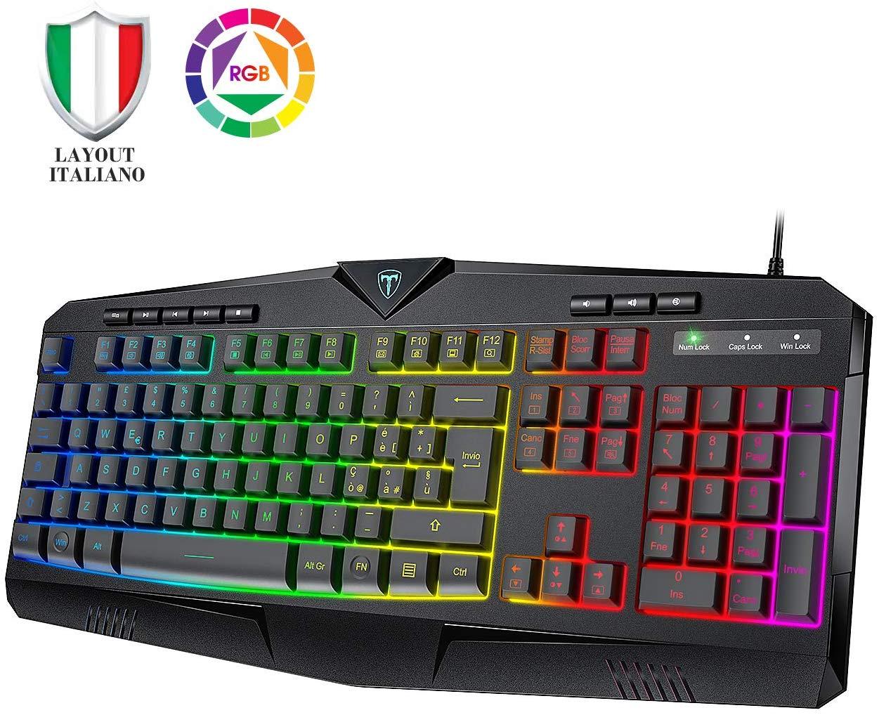 VicTsing Tastiera Gaming PC, Tastiera RGB Cablata - 8 Tasti Multimediali Indipendenti - 25 Tasti Anti-ghosting - Layout Italiano (QWERTY), per PC, PS4, Laptop/Desktop, Mac, Nero
