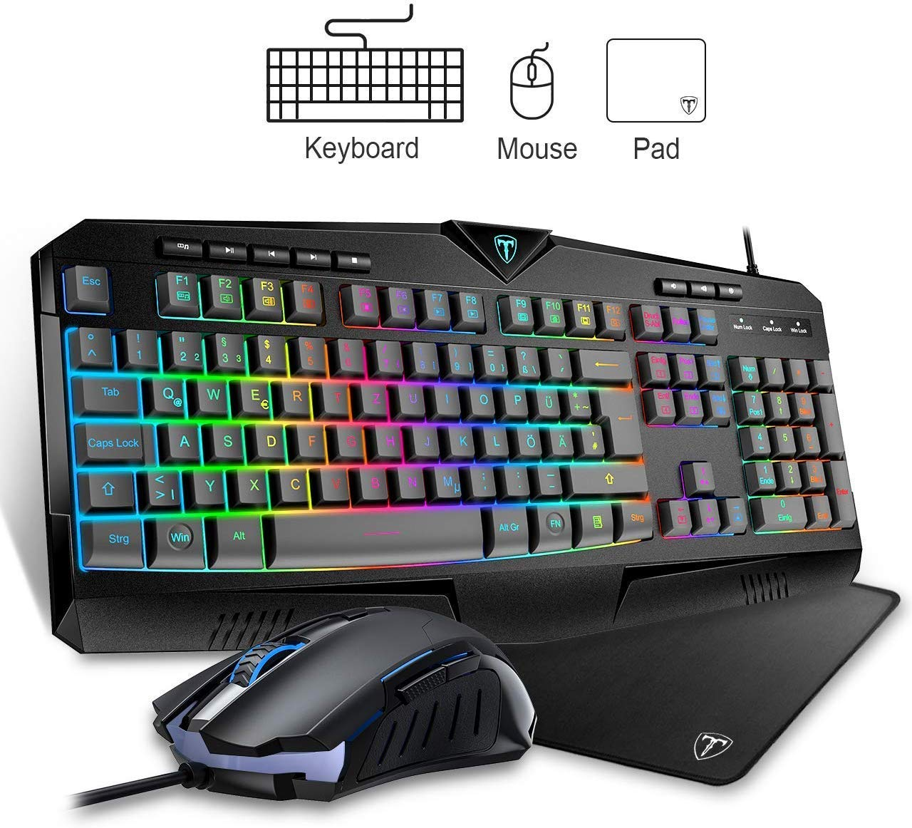 VicTsing Gaming Tastatur und Maus, 7 LED RGB-Handgelenkauflage, 25 Tasten ohne Konflikt, 8 effiziente Multimedia-Tasten, 6 Tasten Gaming Maus 1000/1600 / 2400/3200 DPI einstellbar(QWERTZ)