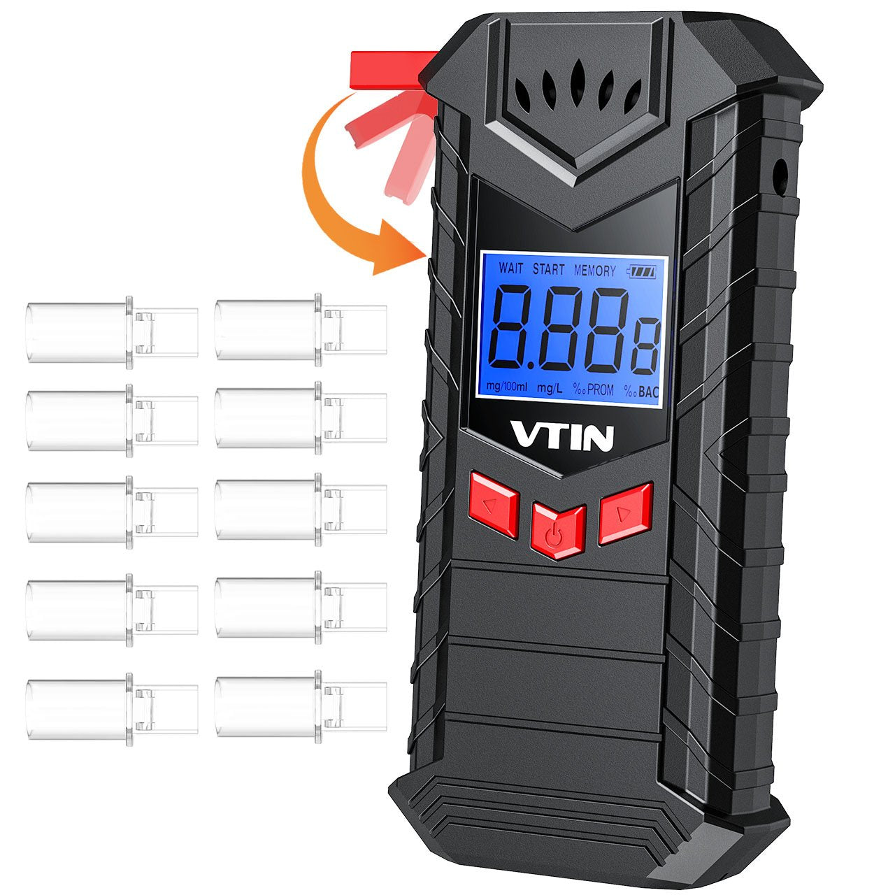 VTIN Alkoholtester Wiederaufladbarer Tragbar Halbleiter Sensor Atemalkoholmessgerät mit 10 Mundstücke, Hohe Präzision Alkomat LCD Anzeige Promilletester Alkoholmessgeräte