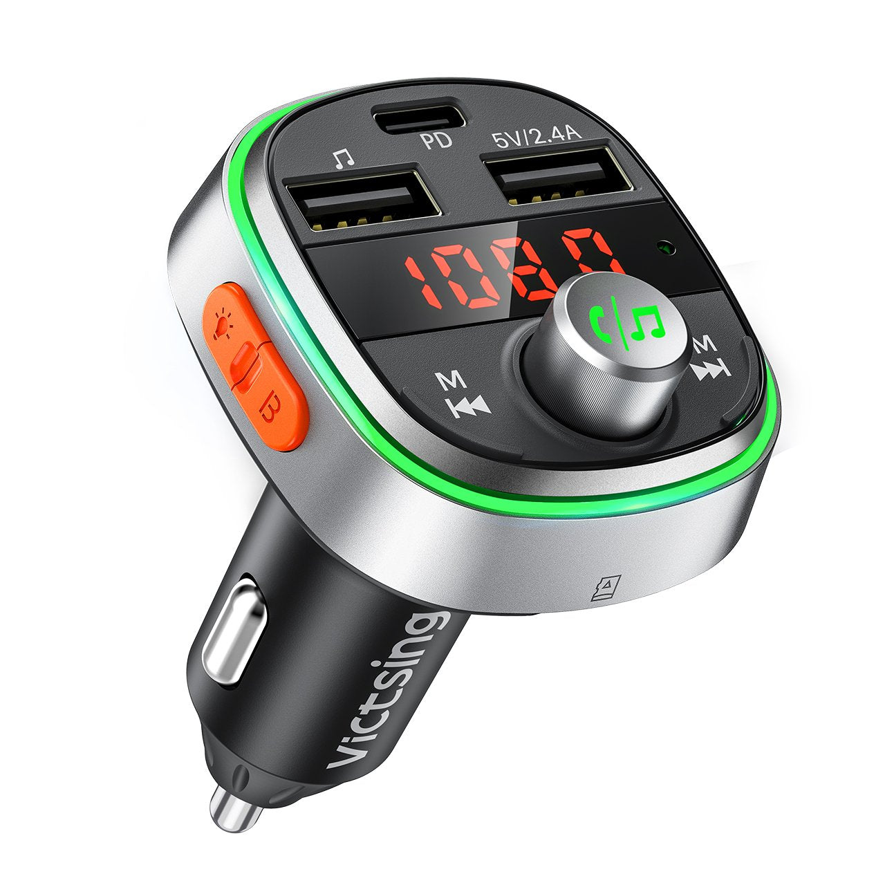 【Graves Profundos Sonido】 Transmisor FM Bluetooth para Coche VicTsing, Bluetooth Coche Mechero con PD3.0 18W Carga Rápida, Llamadas Manos Libres, Verde
