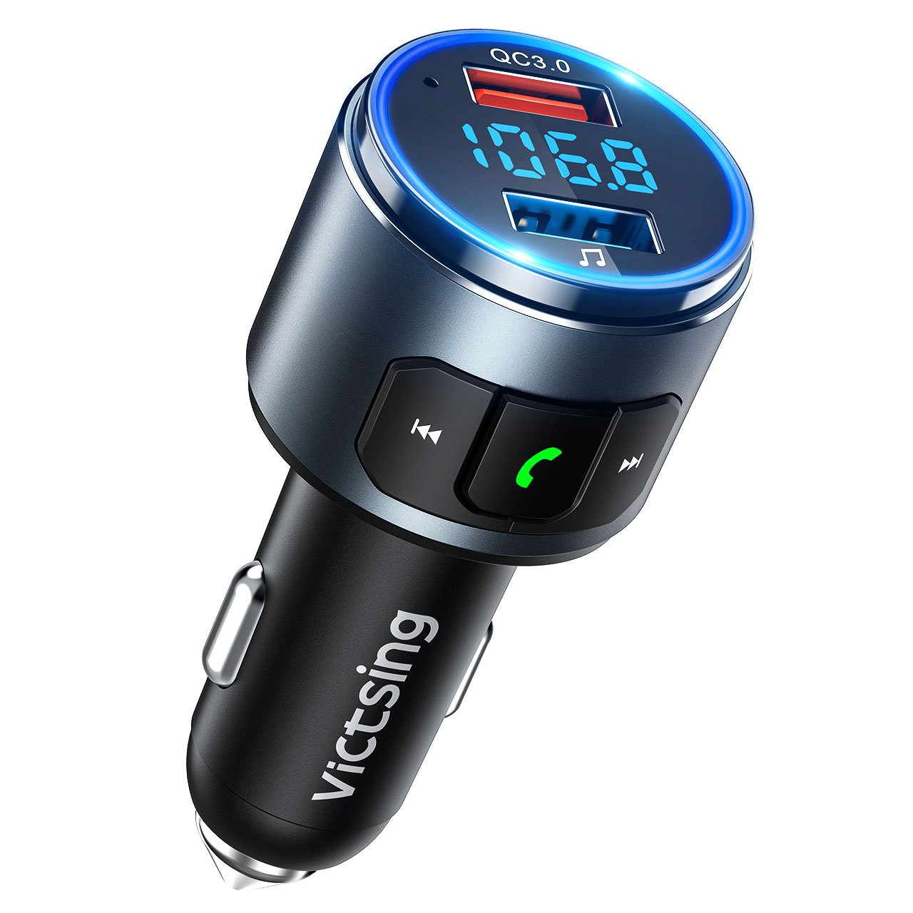 Transmisor FM Bluetooth 5.0 para Coche, [Luz LED Anillo] QC3.0 VicTsing Mini Transmisor Bluetooth Manos Libres con Siri Asistente, Reproductor MP3 Coche, Adaptador de Radio Hi-Fi Música Spotify