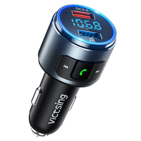 Transmisor FM Bluetooth 5.0 para Coche, [Luz LED Anillo] QC3.0 VicTsing Mini Transmisor Bluetooth Manos Libres con Siri Asistente, Reproductor MP3 Coche, Adaptador de Radio Hi-Fi Música Spotify