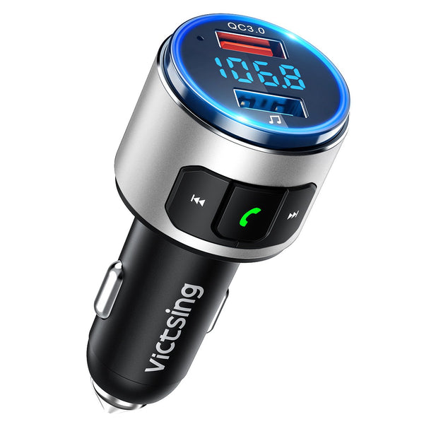 Transmisor FM Bluetooth 5.0 para Coche, [Luz LED Anillo] QC3.0 VicTsing Mini Transmisor Bluetooth Manos Libres con Siri Asistente, Reproductor MP3 Coche, Adaptador de Radio Hi-Fi Música Spotify, Plata